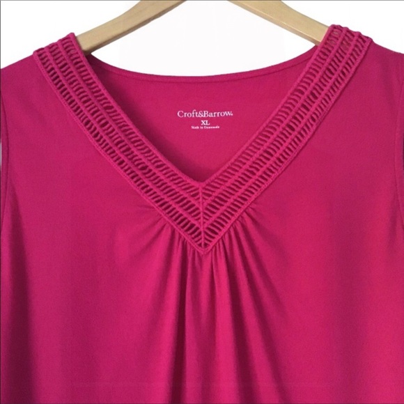 Croft & Barrow Pink Sleeveless Tank Top Size XL Crochet Trim V-Neck Cotton - Picture 3 of 6